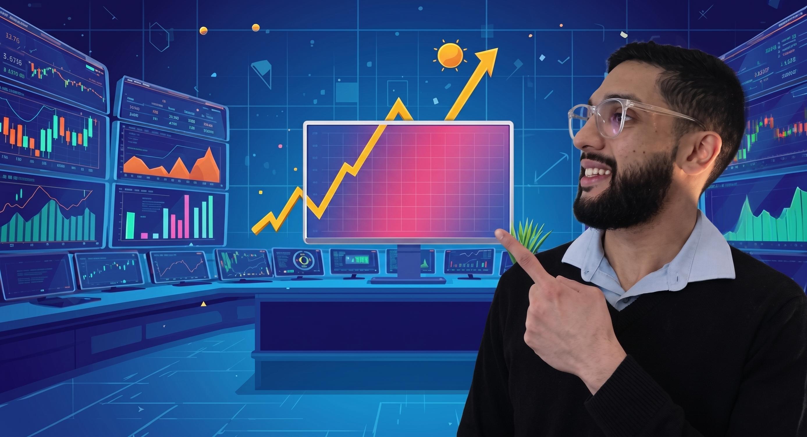 Vipul Sharma pointing at an upward-trending stock chart, with illustrated trading screens in the background.